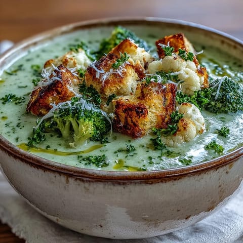 Comforting Cauliflower and Broccoli Soup features a smooth, creamy blend of green florets and herbs, topped with crunchy baked croutons.