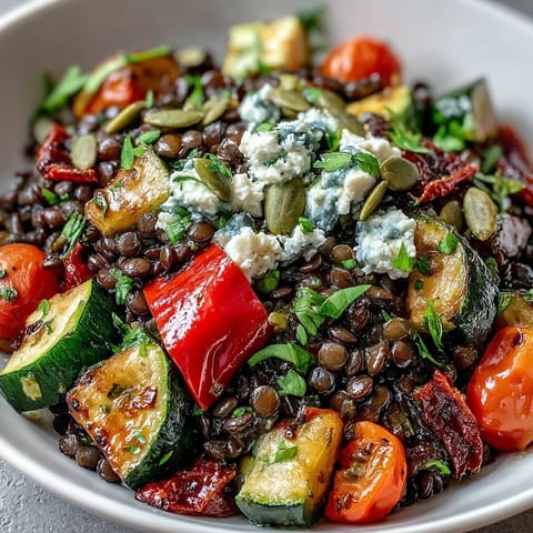 A close-up of Black Lentil Salad showcases crumbled feta, fresh parsley, and toasted pumpkin seeds for texture.
