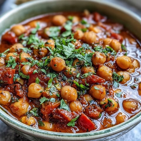 A bowl of steaming Spicy Chickpea Stew garnished with fresh cilantro and a lemon wedge.