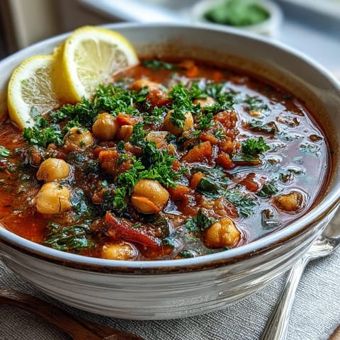 Freshly ladled bowl of Chickpea Stew served with lemon wedges and crusty bread on a rustic table.