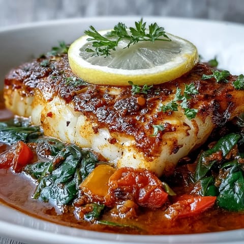 Spiced Cod One Pot simmering with colorful bell peppers and fresh spinach in a rich tomato broth.