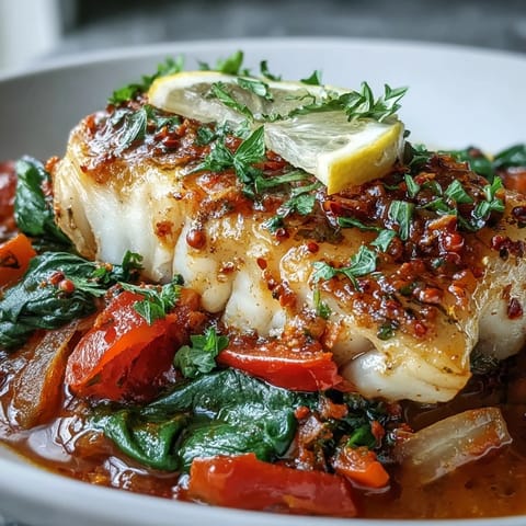 A close-up of Spiced Cod One Pot, flaky fish topped with lemon slices and cilantro.