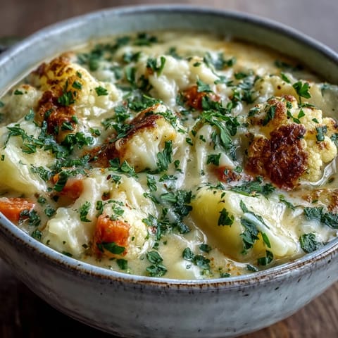 Creamy Vegetarian Cauliflower Chowder steaming in a bowl, topped with melted cheddar and fresh parsley.