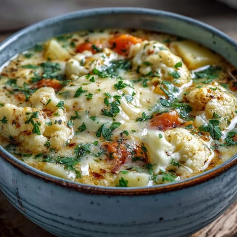 Ladled Vegetarian Cauliflower Chowder served in a rustic mug with crusty bread for dipping.