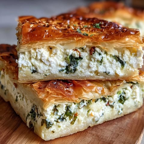 Sliced wedges of Feta and Kale Börek show the creamy feta and ricotta mixture, served on a rustic wooden board.