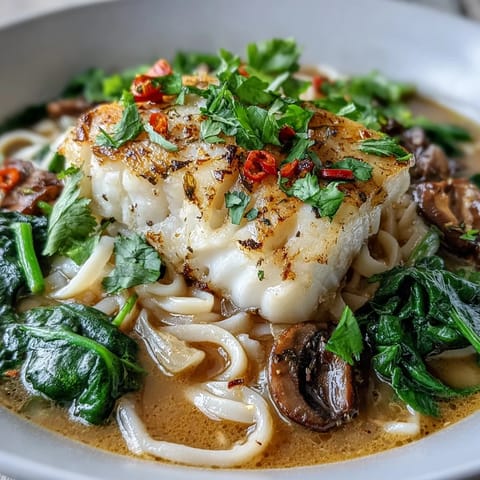 Silky udon noodles topped with tender poached cod in a spiced coconut broth.