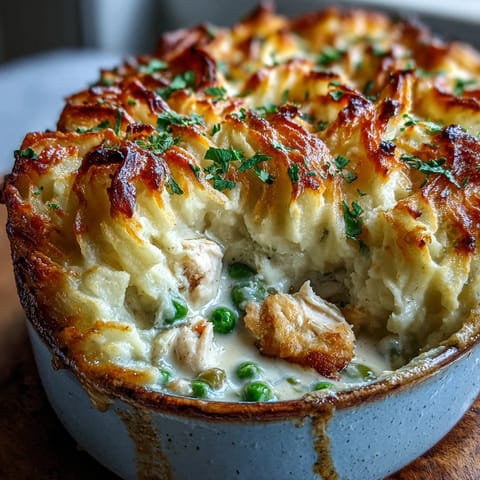 Golden, crispy mashed potatoes cover a creamy, fragrant Curried Fish Pie with shrimp peeking out.