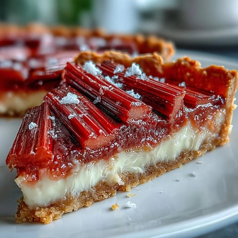 Freshly roasted rhubarb batons, glistening with sugar, adorn a creamy white chocolate and elderflower tart with a golden, crisp crust.