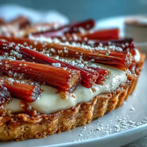 Perfectly set white chocolate and elderflower custard fills this elegant rhubarb tart, ideal for a sophisticated spring dessert platter.
