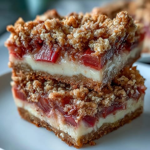 Rhubarb and Custard Crumble Bars on a plate, featuring a golden crumble topping and tangy pink filling for a classic spring dessert.