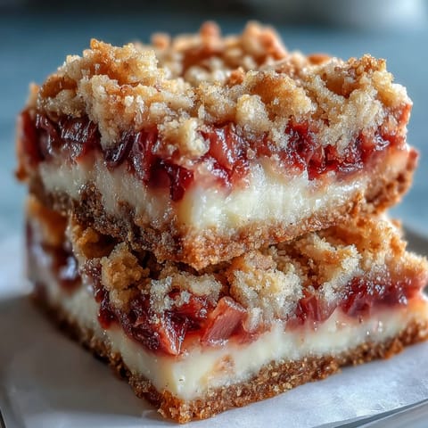 A close-up reveals the buttery crumble topping and creamy vanilla custard layer in homemade Rhubarb and Custard Crumble Bars.