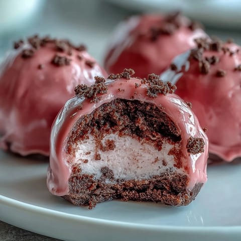 Vibrant pink Oreo Truffle Balls arranged on a marble surface, with a bitten piece revealing the creamy Oreo center for a decadent bite.