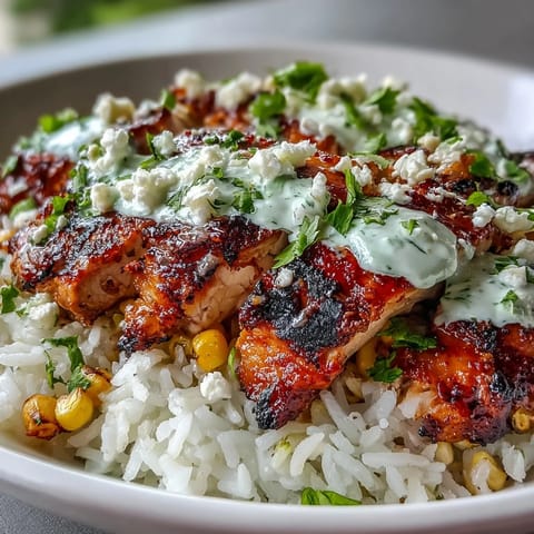 A close-up of Street Corn Chicken and Rice Bowls, drizzled with zesty crema and topped with cilantro.