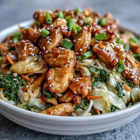 A close-up of Egg Roll Bowls with Chicken and Cabbage, topped with scallions and sesame seeds, served steaming in a rustic ceramic bowl.