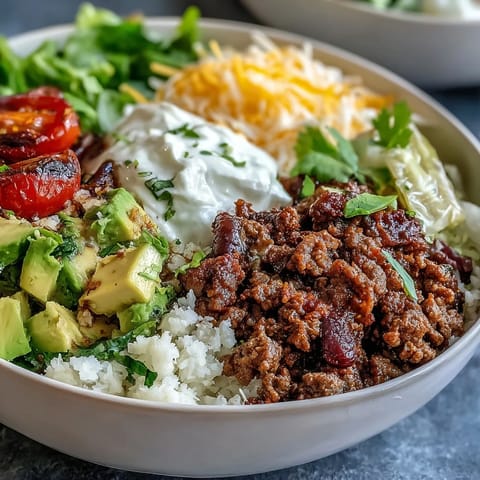 Spoonful of cauliflower rice topped with spiced beef, crisp lettuce, juicy tomatoes, and cheddar.