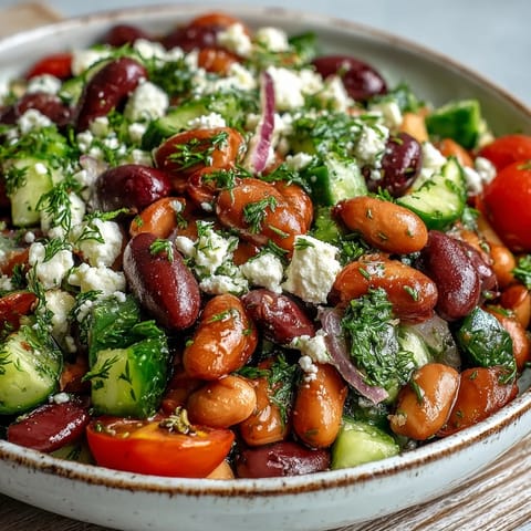 Overhead view of Greek Bean Salad with Lemon Marinated Beans, showing colorful beans, Kalamata olives, and fresh herbs on a platter.