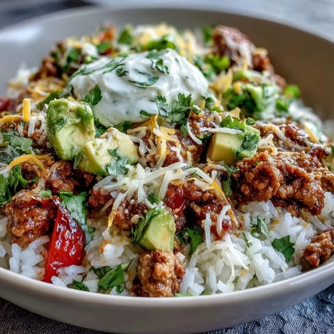 A hearty Turkey Taco Bowl loaded with seasoned turkey, fluffy rice, and vibrant toppings.
