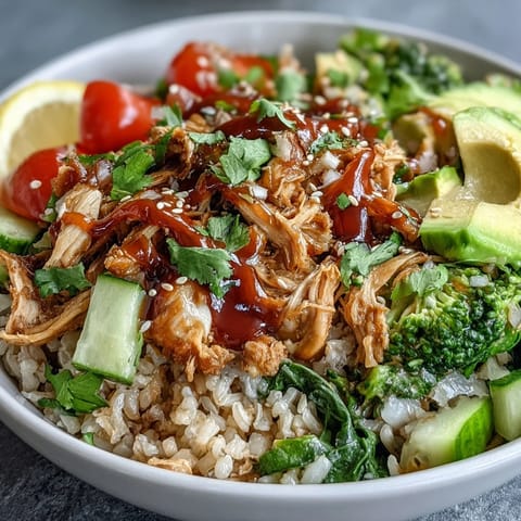 Bright and colorful Rotisserie Chicken Bowl with brown rice, cherry tomatoes, and avocado, drizzled with creamy tzatziki sauce.