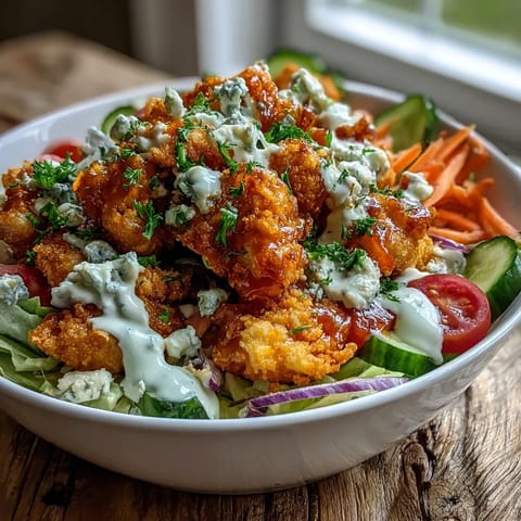 Spoonfuls of tender buffalo chicken, bright cherry tomatoes, and crunchy carrots fill a Buffalo Chicken Bowl garnished with blue cheese crumbles.
