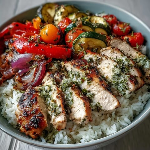 Colorful roasted vegetables surround tender chicken on white rice, showcasing the vibrant Lemon Herb Roasted Chicken Bowl with lemon zest.