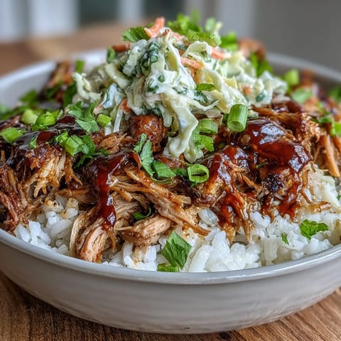 Slow-cooked pulled pork bowl with fluffy rice and tangy coleslaw topped with BBQ sauce.