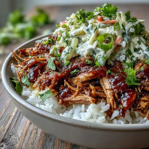 Tender pulled pork bowl with fluffy rice, tangy coleslaw, and smoky BBQ drizzle ready to serve.