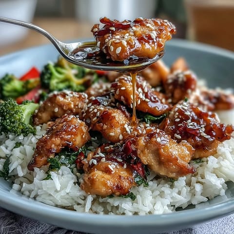 Golden honey garlic chicken pieces coated in sticky glaze atop fluffy rice with crisp vegetables and sesame seeds.