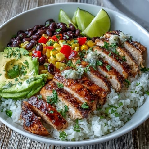 A vibrant Cajun Chicken Bowl with Cajun-spiced chicken, fluffy rice, black beans, sweet corn, and diced red and yellow bell peppers, topped with avocado and cilantro.