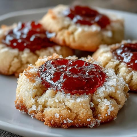 A platter of Guava Jam Thumbprint Cookies is arranged near a glass of milk, showcasing the soft texture and sweet jam centers.