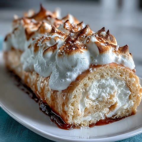 Homemade Brazo Gitano sliced to reveal a vibrant guava filling and fluffy meringue topping, served on a white plate.