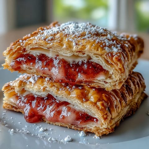 Freshly baked Guava Cheese Pop Tarts on a cooling rack, with golden flaky crusts and a glossy pink glaze dripping slightly. 