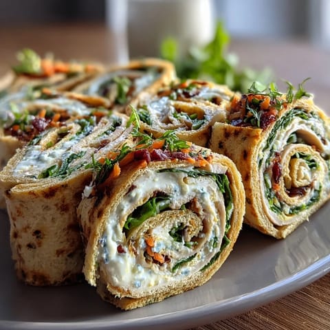 Kid-friendly pinwheel sandwiches featuring turkey, cheddar cheese, and veggies, rolled in soft tortillas for easy eating.