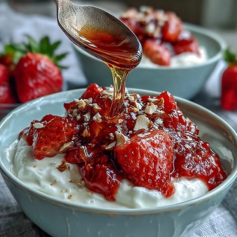 A bowl of creamy Greek yogurt topped with vibrant homemade strawberry compote, crunchy nuts, and a drizzle of honey for a refreshing breakfast.