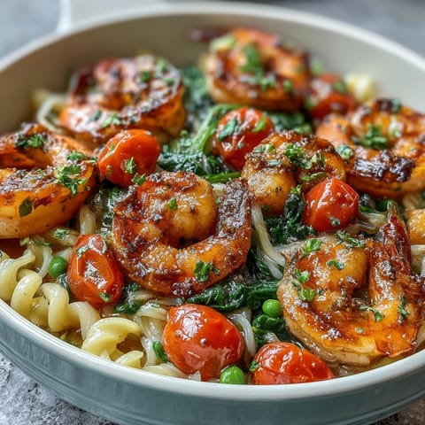 One-Pot Garlic Shrimp with Angel Hair pasta in a vibrant lemon-garlic sauce with fresh spring vegetables.