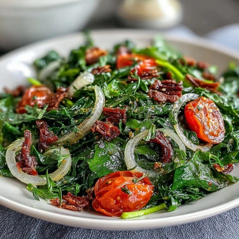 Bright dandelion greens salad with cherry tomatoes, red onion, and Parmesan, tossed in zesty lemon vinaigrette for a fresh Mediterranean dish.