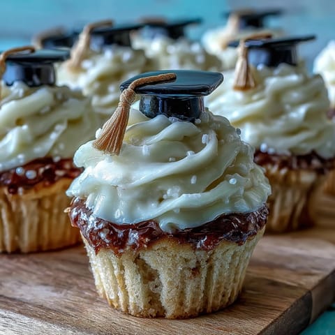 Adorable Simple Graduation Cupcakes with Cap Fondant Toppers: soft vanilla cupcakes frosted with smooth buttercream and crowned with handcrafted fondant mortarboard caps.