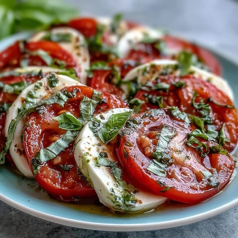 Caprese salad with basil oil drizzle, showcasing ripe tomatoes and fresh mozzarella on a white platter.  