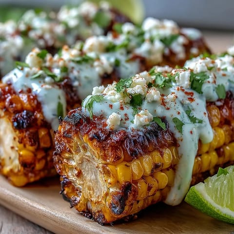 Grilled Corn Elote Style, smoky and sweet, topped with creamy sauce, crumbled cheese, and chili powder for authentic Mexican flavor.