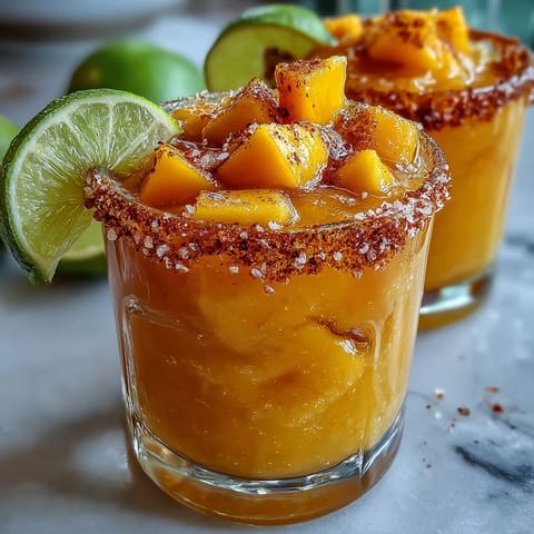 Frozen Mango Margarita Mocktail with lime wedge and Tajín rim, vibrant orange-yellow slush in chilled margarita glass, refreshing summer beverage.