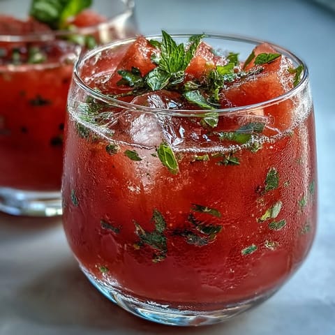 Chilled glass of homemade watermelon mint lemonade garnished with a watermelon wedge and mint leaves, perfect for summer sipping.