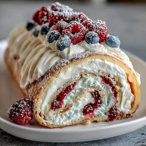Elegant crepe roll cake with delicate layers of thin crepes, sweetened whipped cream, and fresh berries, rolled into a stunning spiral dessert.
