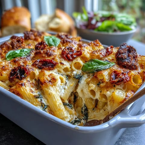 Baked pasta dish with sun-dried tomatoes, spinach, and melted mozzarella cheese in a savory tomato sauce.