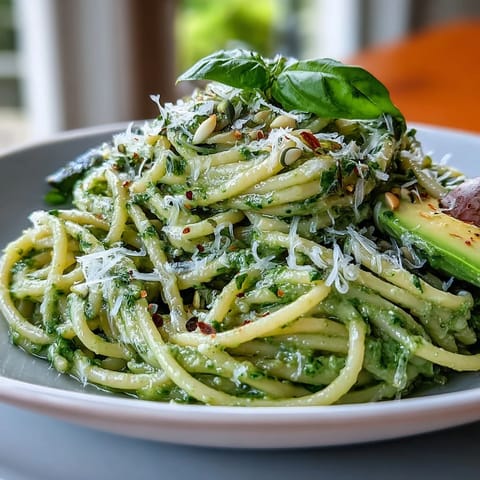 Creamy avocado pesto pasta with fresh basil, Parmesan, and pine nuts, served in a white bowl with lemon zest and basil leaves.  