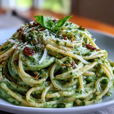 No-cook avocado basil pesto coats al dente spaghetti, garnished with extra Parmesan and fresh herbs for a vibrant vegetarian main dish.  