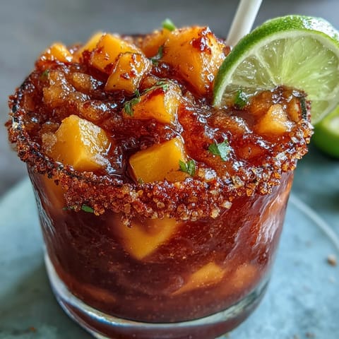 Refreshing layered mangonada mocktail cup with fresh mango chunks, zesty lime, and spicy-sweet chamoy swirl.  