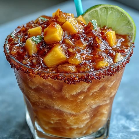 Vibrant frozen mango mocktail with chamoy drizzle and Tajín rim, perfect for Cinco de Mayo celebrations.  