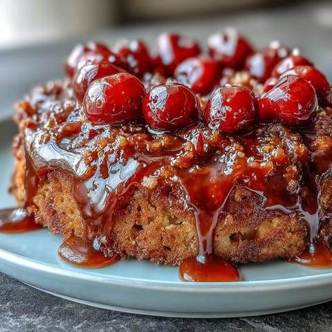A golden Cherry Almond Upside-Down Cake with juicy cherries and caramelized topping, perfect for dessert or teatime.  