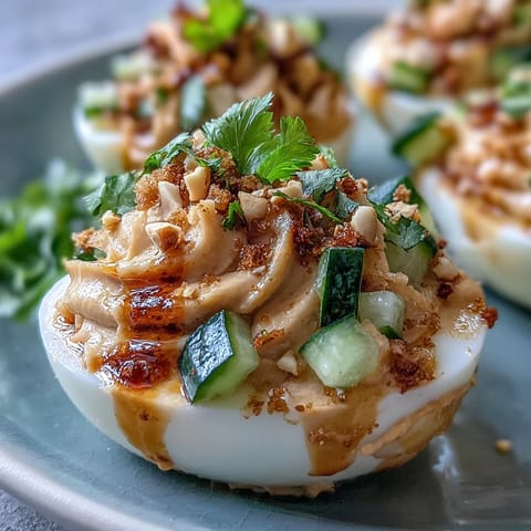 Thai Peanut Deviled Eggs with Cucumber Relish: creamy, spicy eggs topped with crunchy cucumber relish and crushed peanuts for a vibrant appetizer.