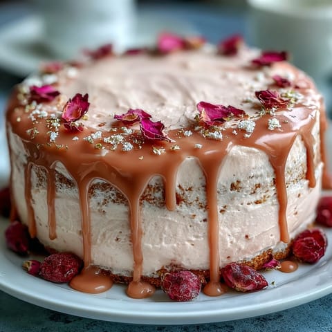 Elegant bridal shower pink velvet cake with shimmering gold drip and delicate rose accents.