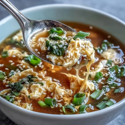 Homemade egg drop soup with silky egg ribbons swirling in a savory broth, garnished with fresh scallions.  